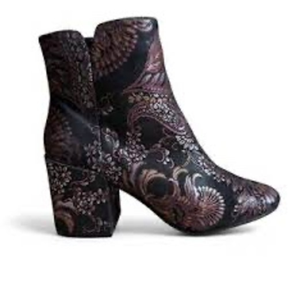 Aldo Metallic Paisley Brocade Ankle Boots Black‎ Bronze Block Heel Size 7.5